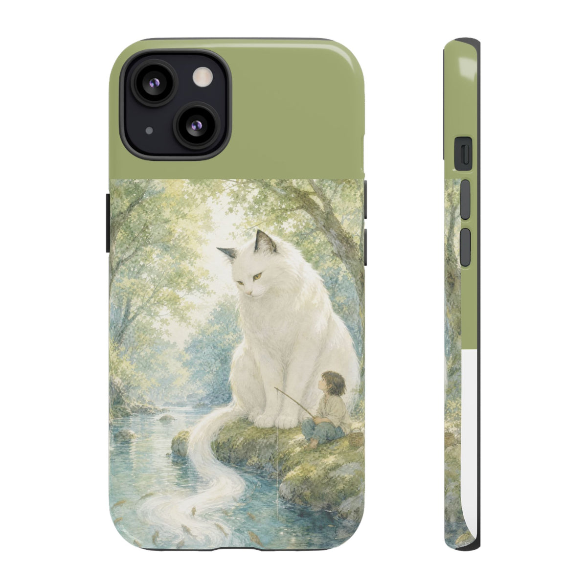 By the Stream, She Watches — Guardian Cat & Child iPhone Case