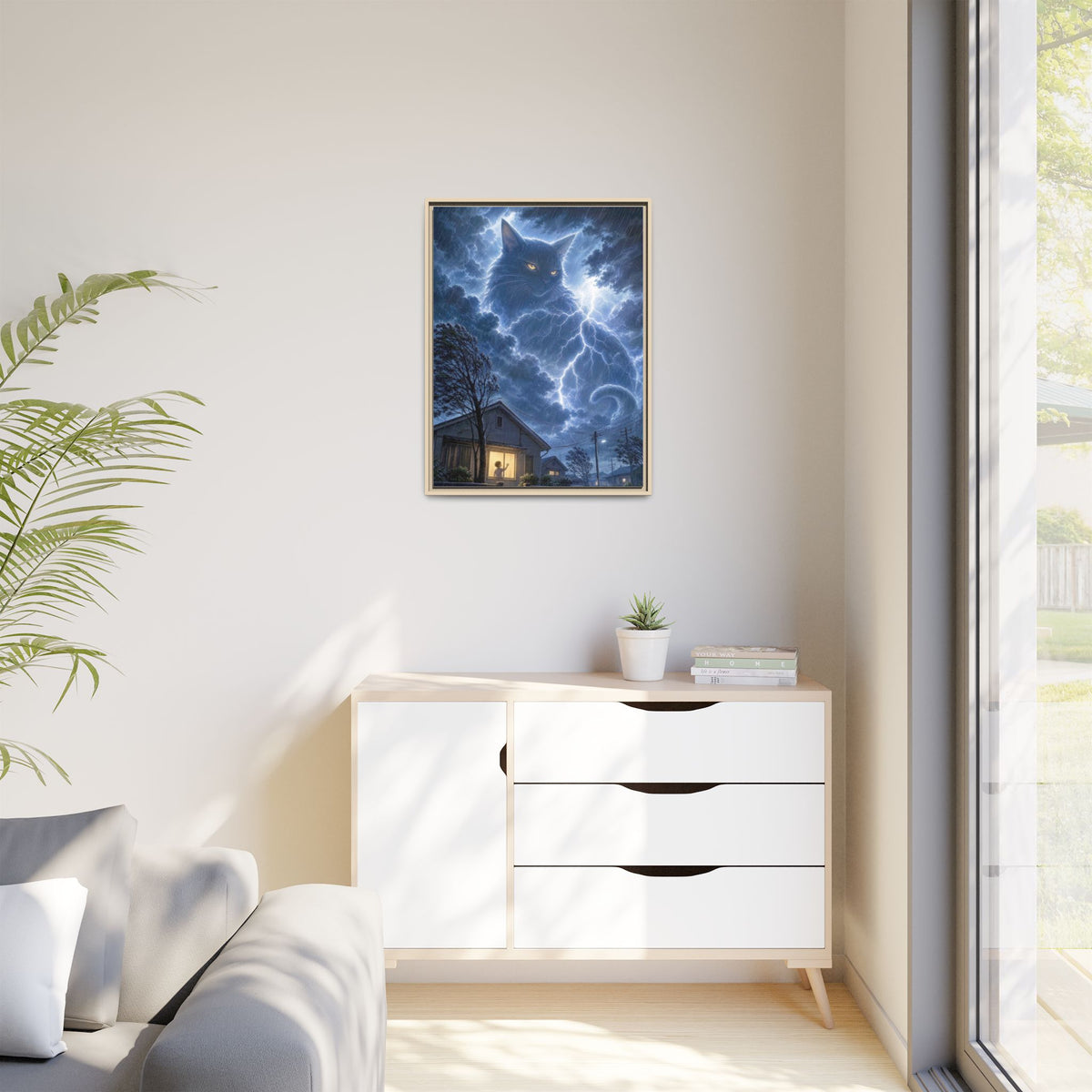 Never Fear the Storm — Lightning Cat Framed Matte Canvas