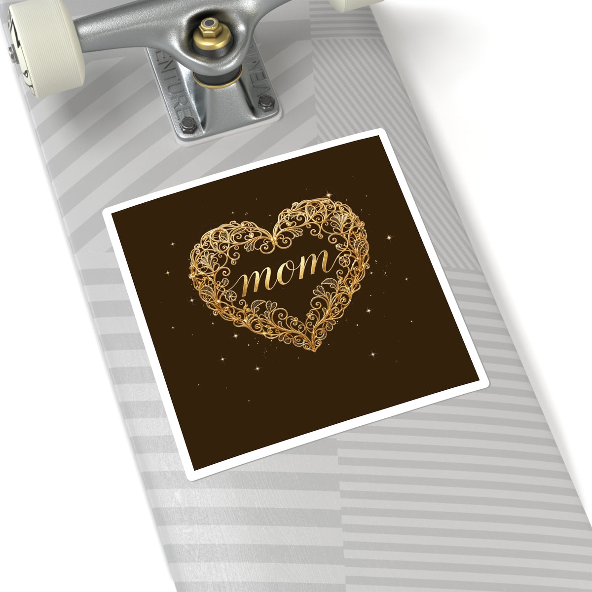 Golden Heart — Mom Square Sticker, Elegant Gold Filigree Design