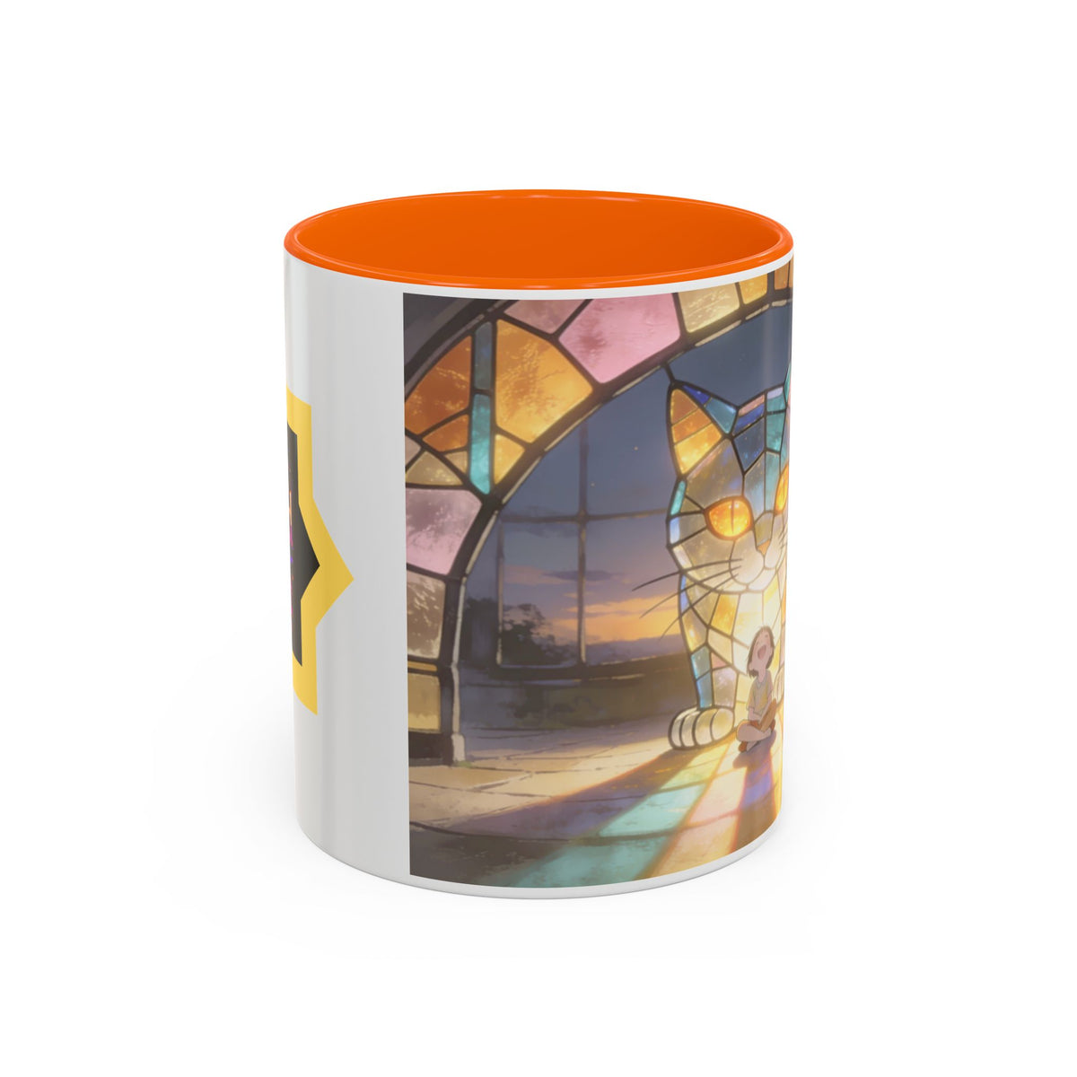 Glasslight Watch — Stained Glass Guardian Cat Accent Mug, 11 or 15 oz