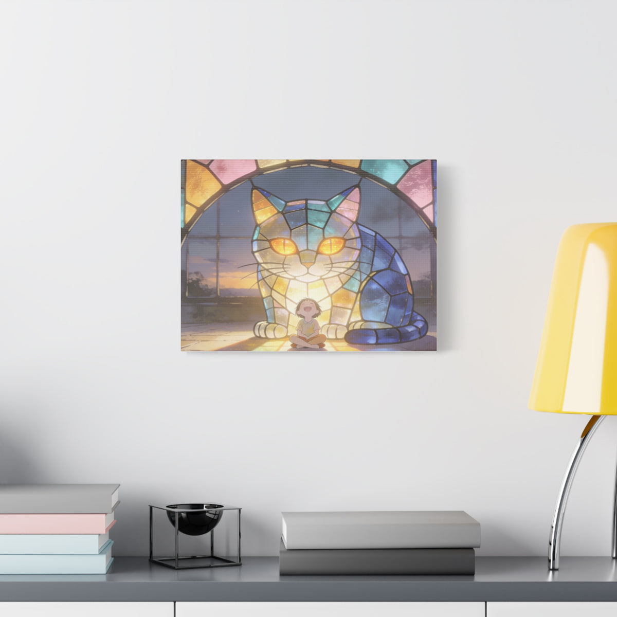 Sunset Sentinel — Stained Glass Cat Sunset Canvas Wall Art