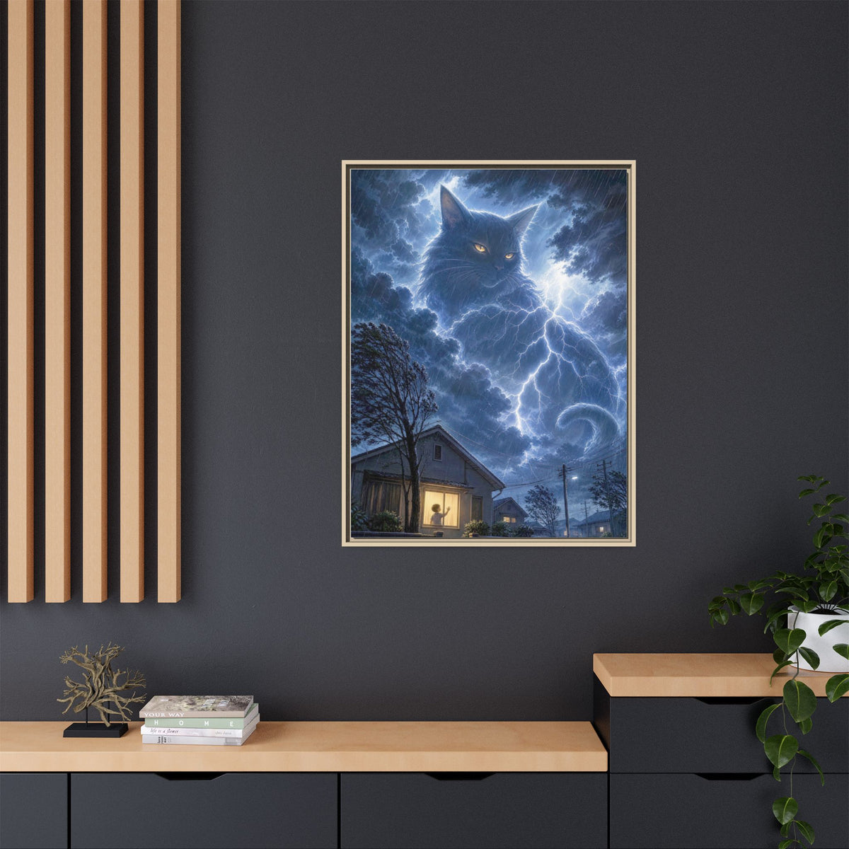 Never Fear the Storm — Lightning Cat Framed Matte Canvas