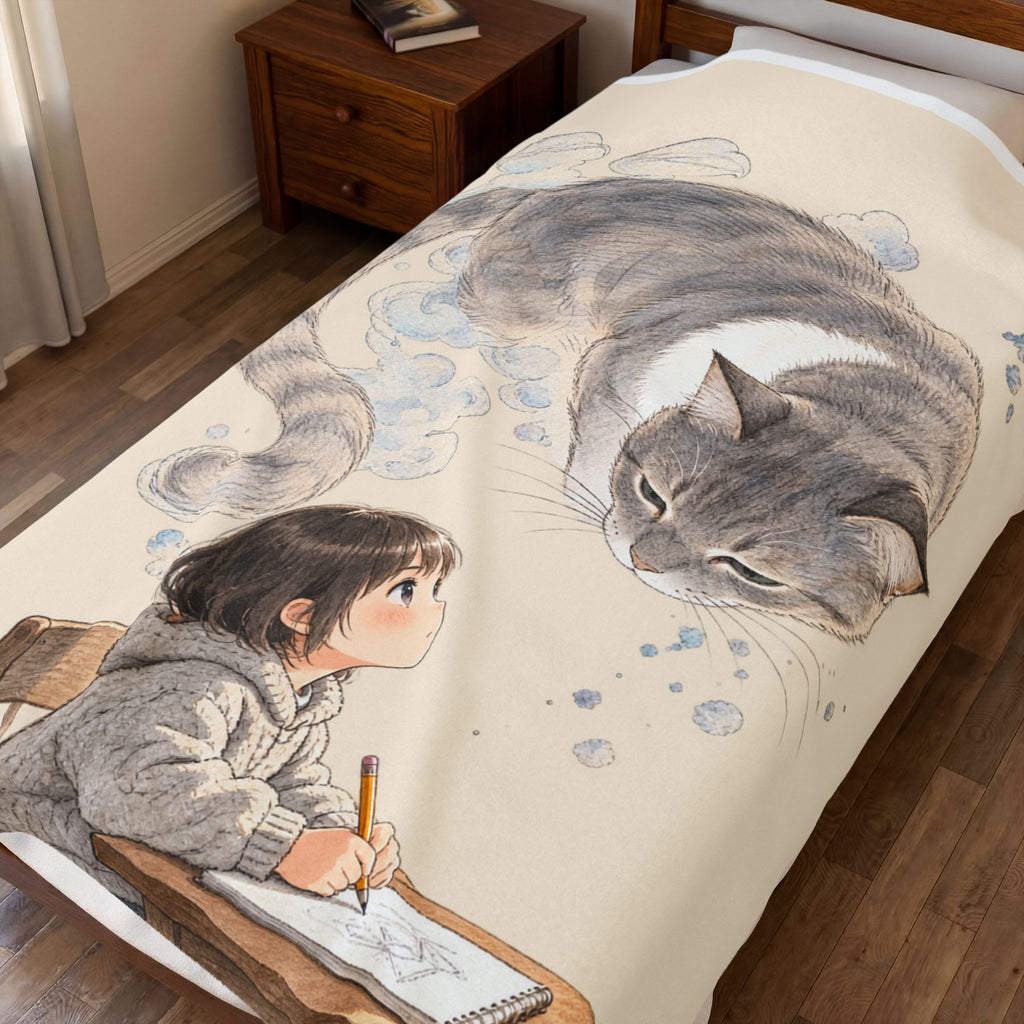 Guarded Dreams — Child & Cat Velveteen Plush Throw Blanket