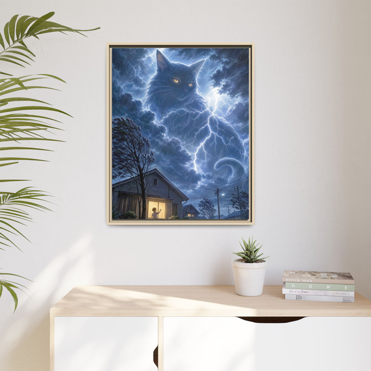 Never Fear the Storm — Lightning Cat Framed Matte Canvas