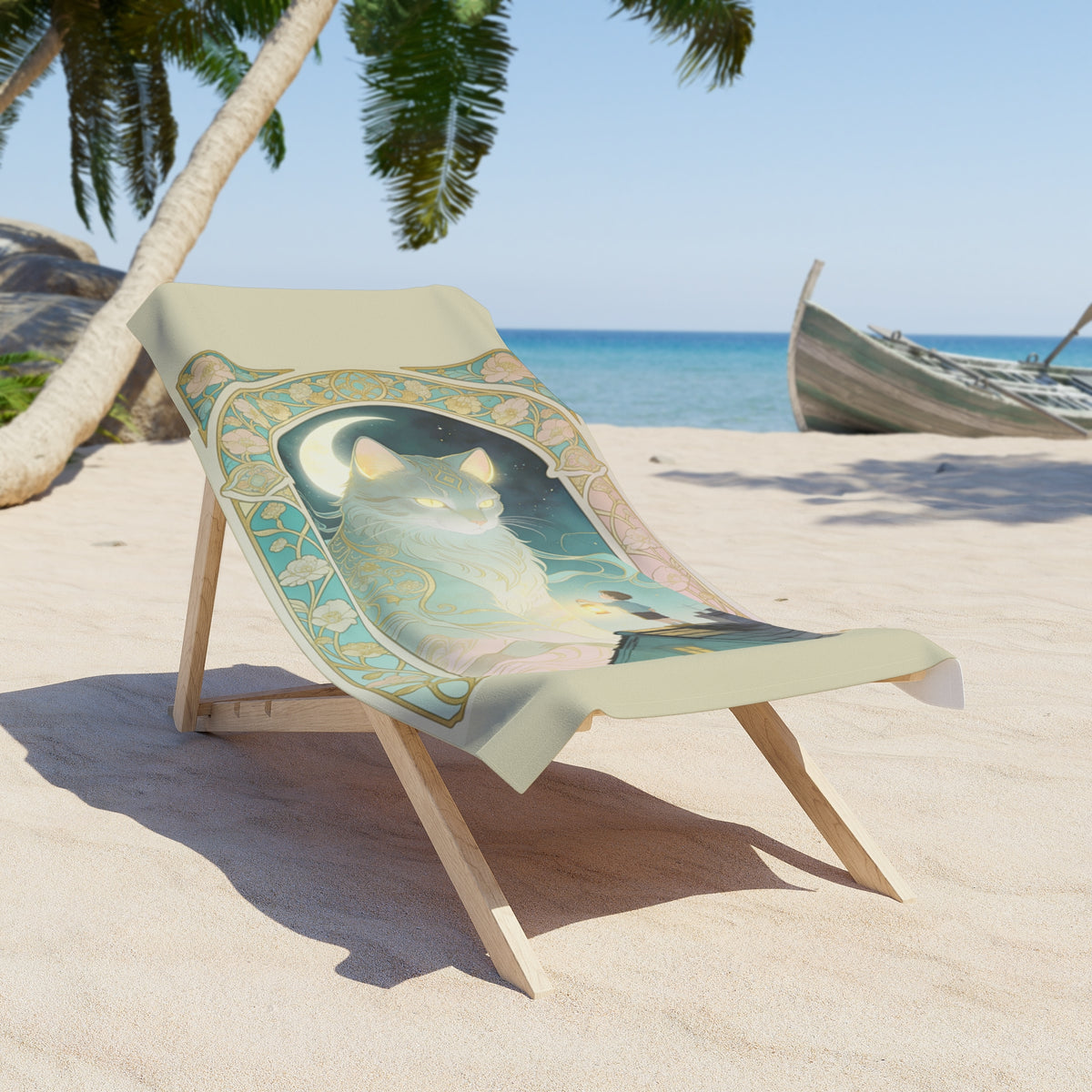 The Wave Cat — Art Nouveau Beach Towel