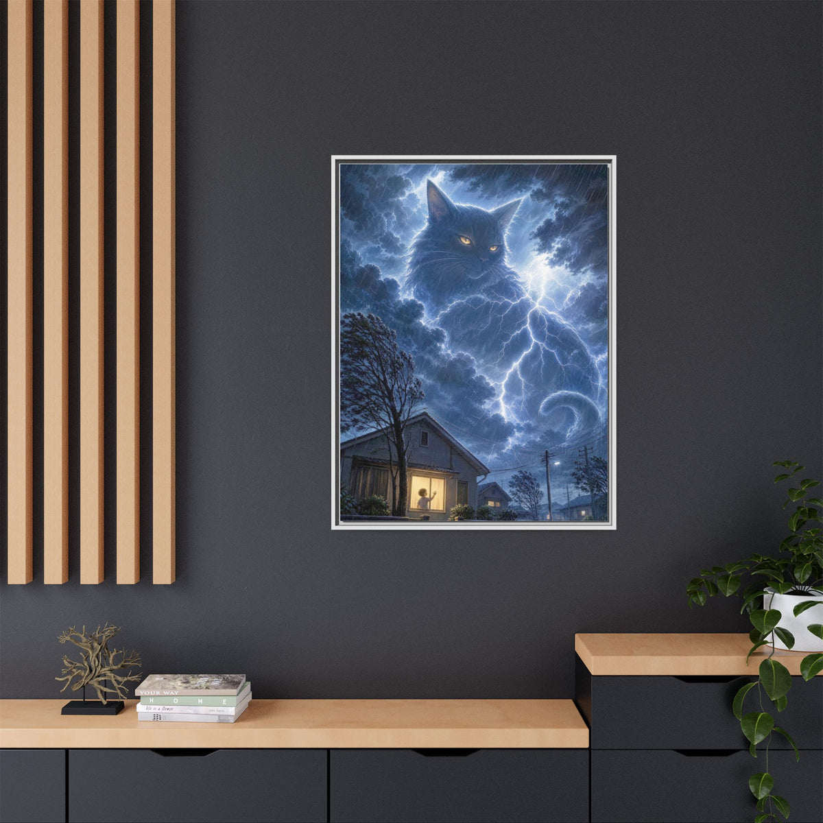 Never Fear the Storm — Lightning Cat Framed Matte Canvas