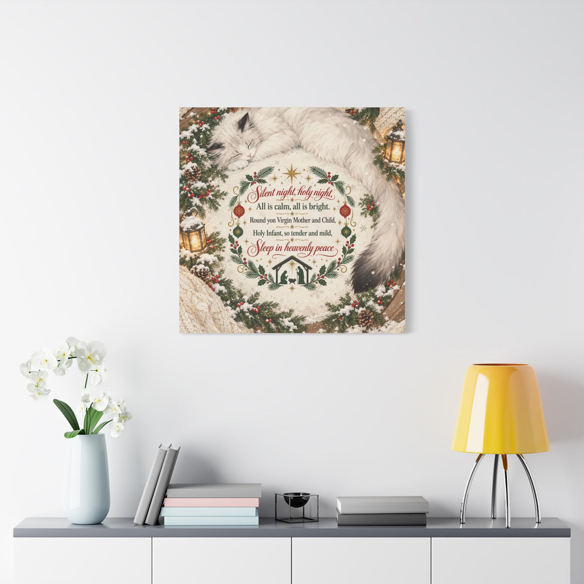Silent Night Carol — Christmas Cat Nativity Canvas Wall Art