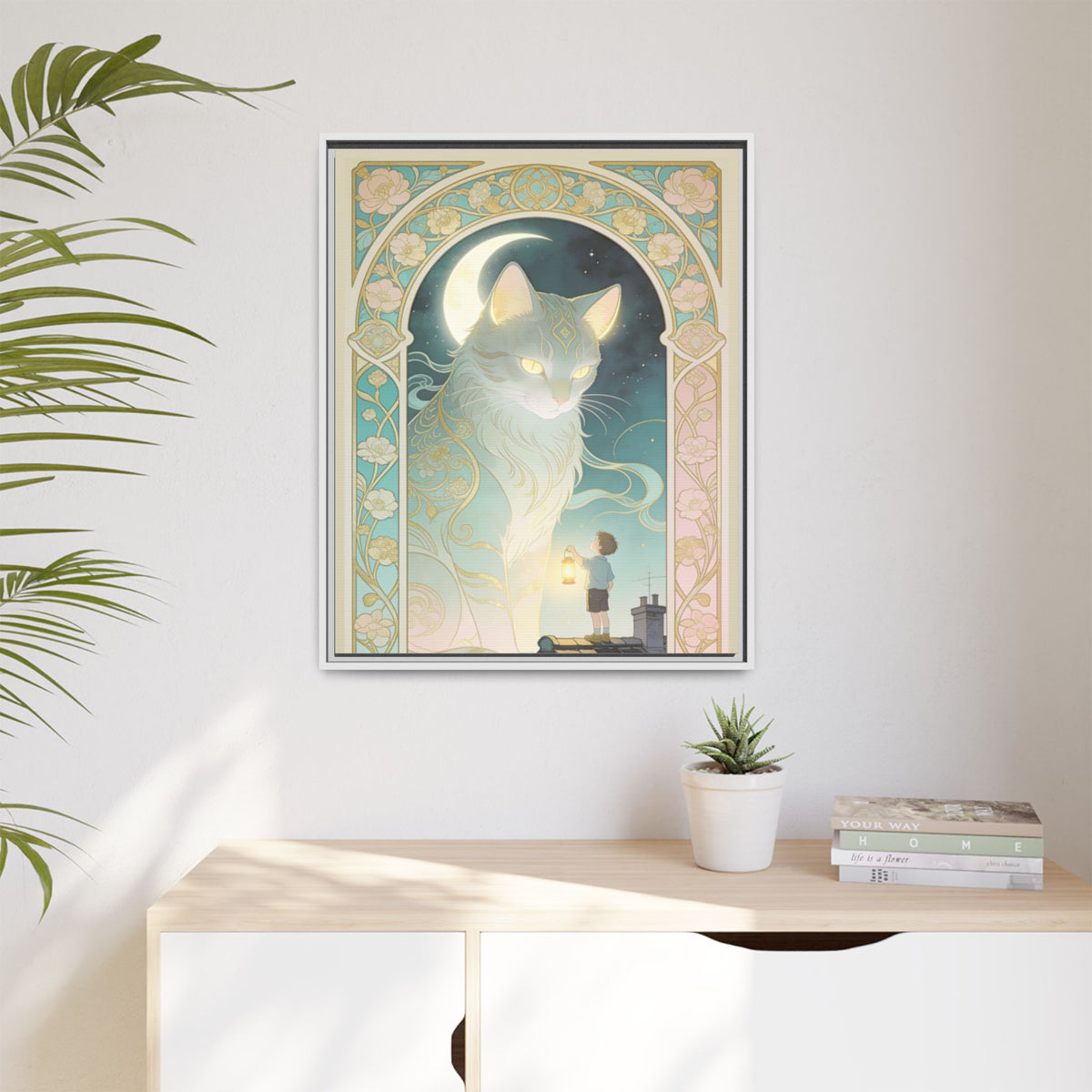 The Lantern Cat & Rooftop Boy - Framed Canvas Print