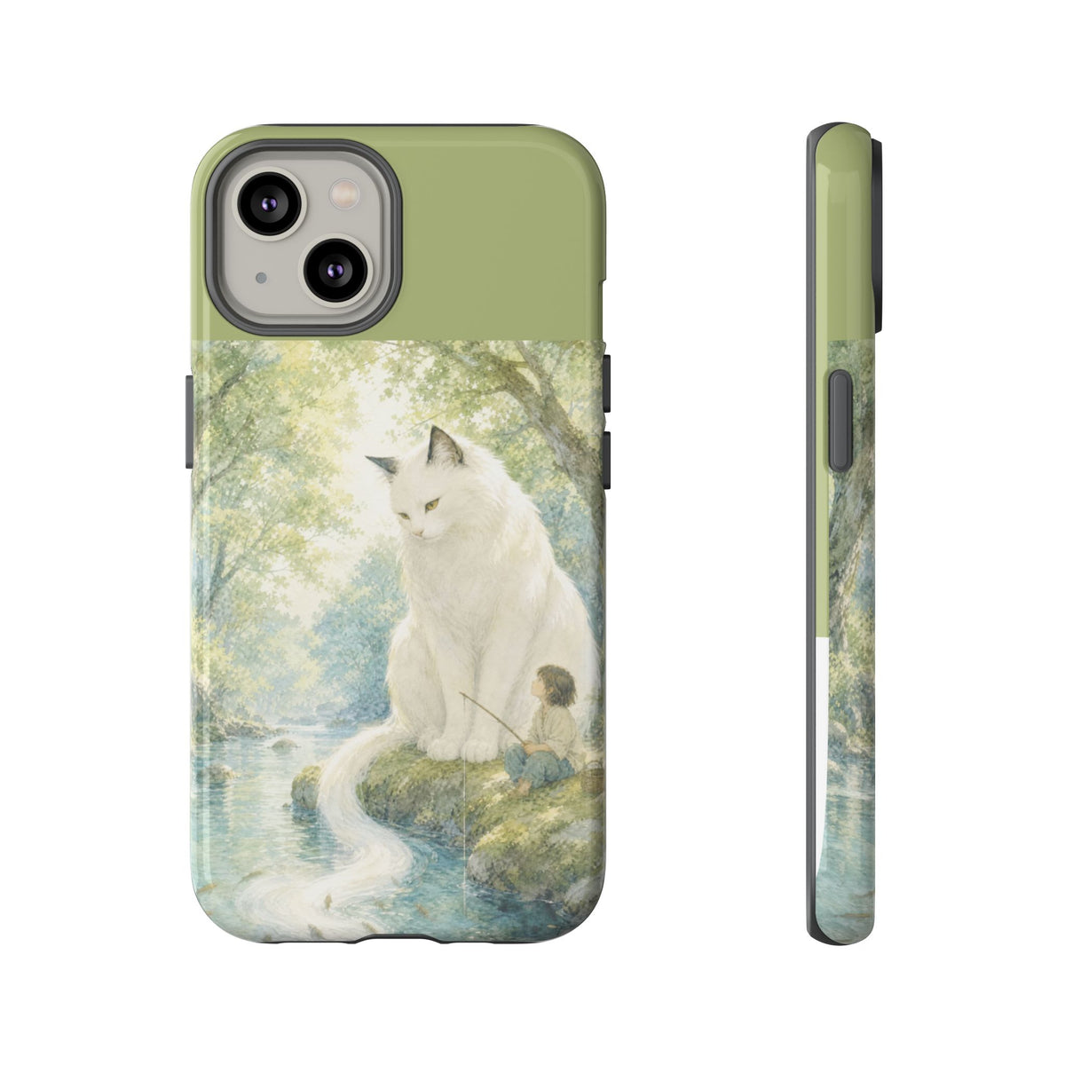 By the Stream, She Watches — Guardian Cat & Child iPhone Case