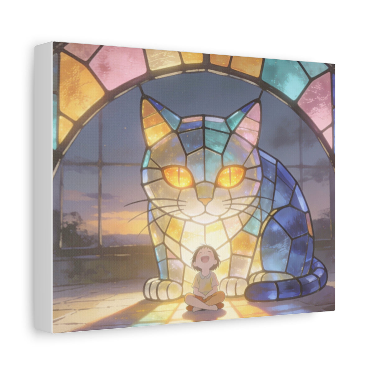 Sunset Sentinel — Stained Glass Cat Sunset Canvas Wall Art