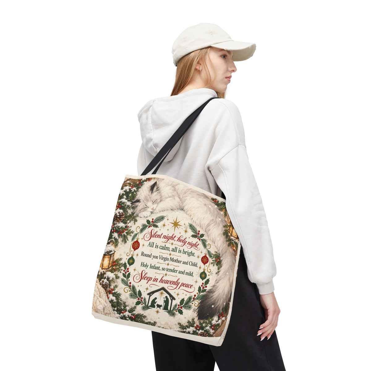 Silent Night Carol — Two-Sided Holiday Tote (Happy Holidays Snowy Wreath)