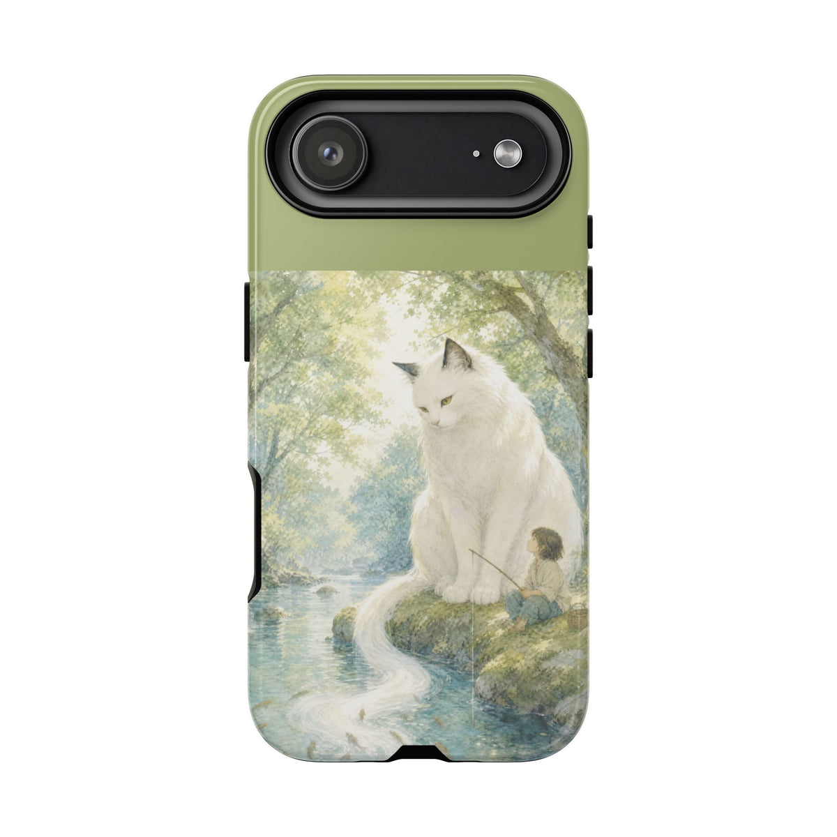 By the Stream, She Watches — Guardian Cat & Child iPhone Case