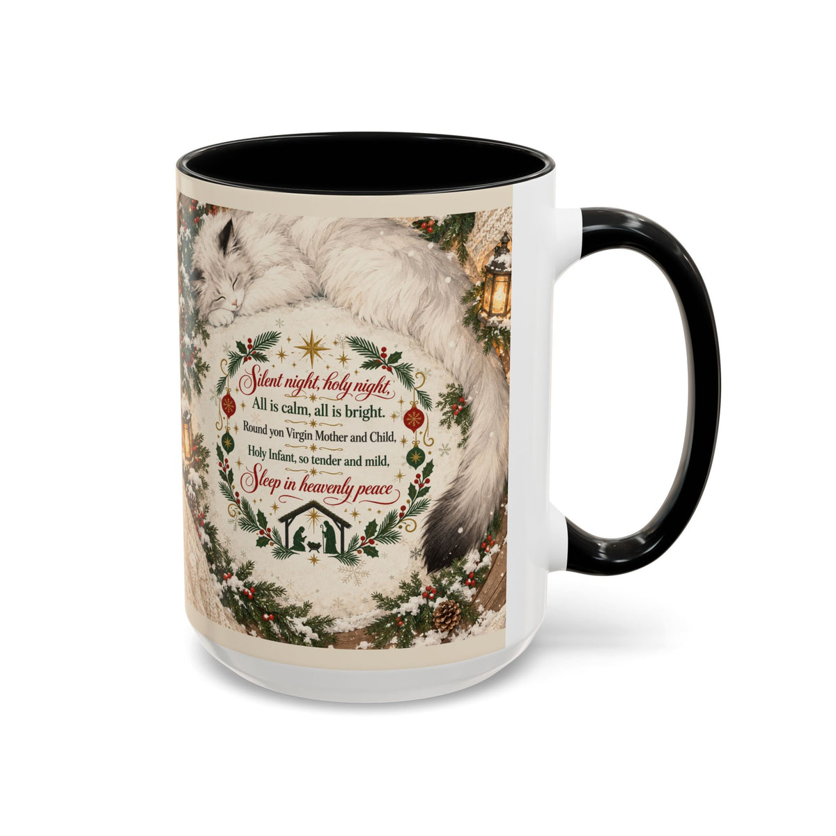 Silent Night Carol — Christmas Cat Accent Mug (11oz / 15oz)