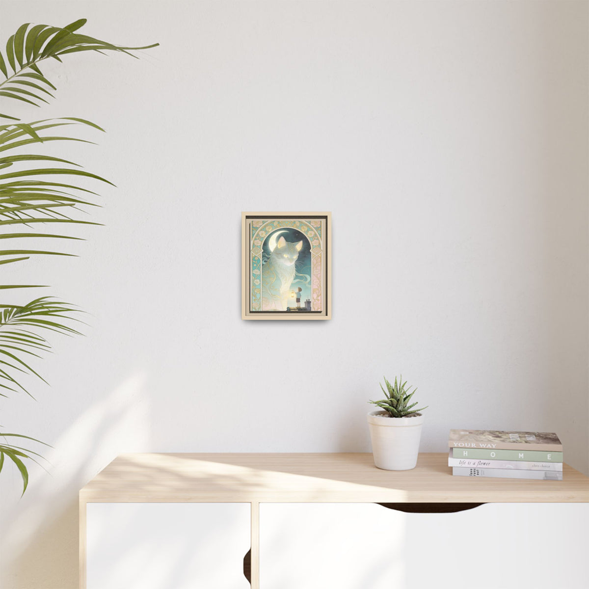 The Lantern Cat & Rooftop Boy - Framed Canvas Print