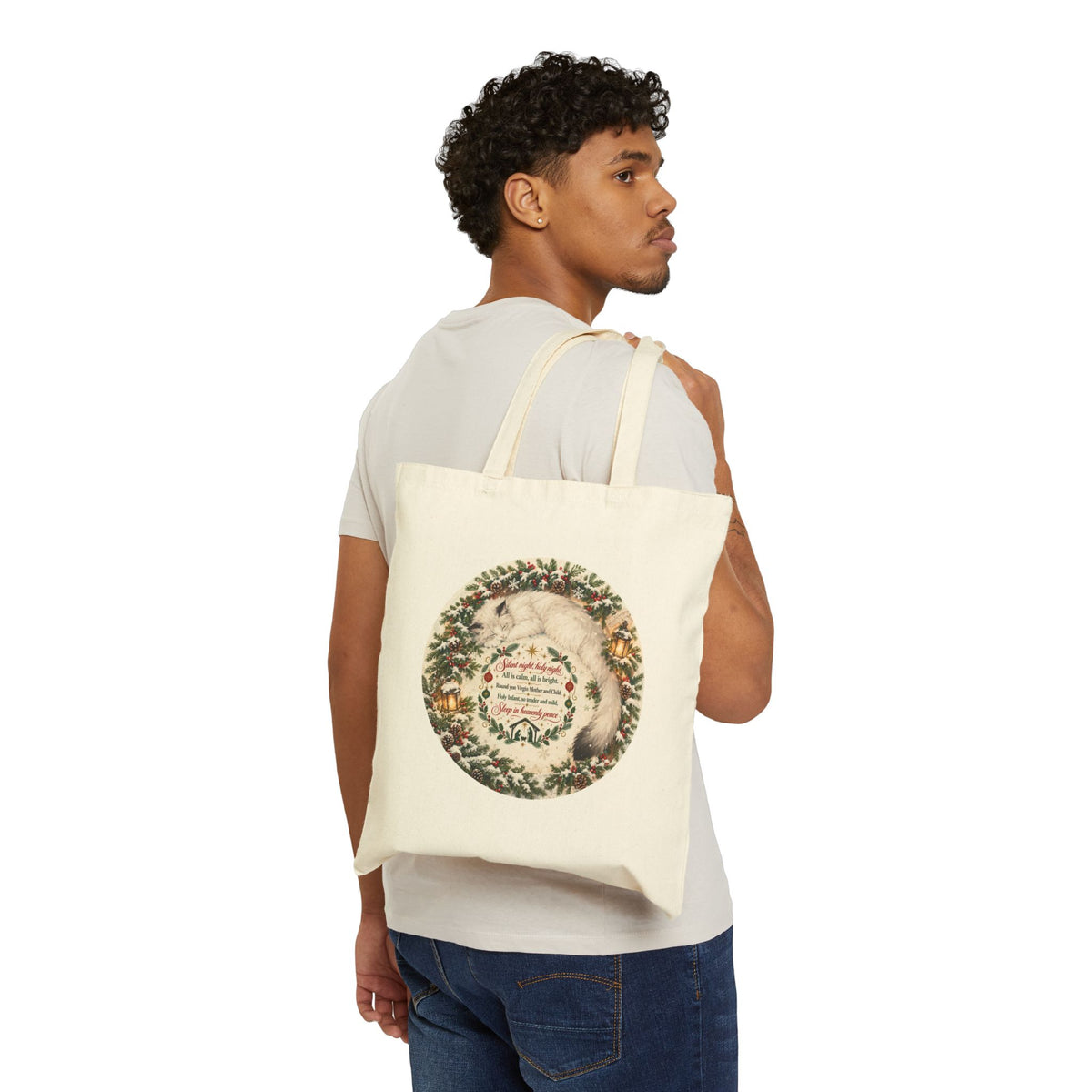 Silent Night Carol — Christmas Wreath Canvas Tote Bag