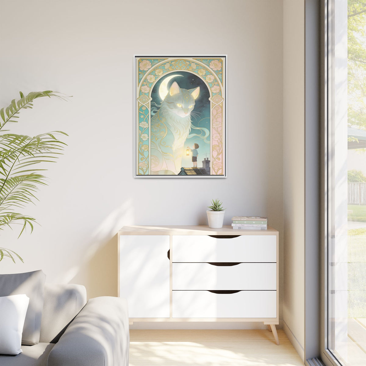 The Lantern Cat & Rooftop Boy - Framed Canvas Print