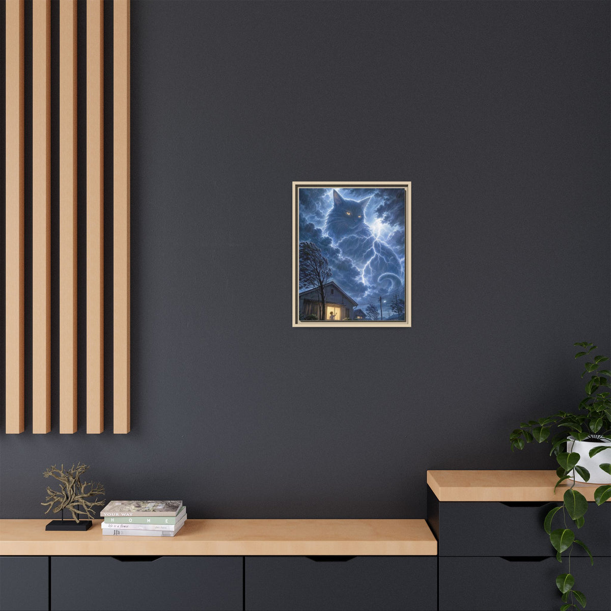 Never Fear the Storm — Lightning Cat Framed Matte Canvas