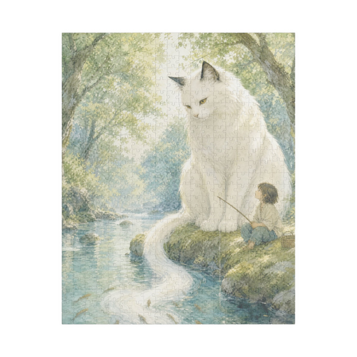 By the Stream, She Watches — Guardian Cat & Child Jigsaw Puzzle