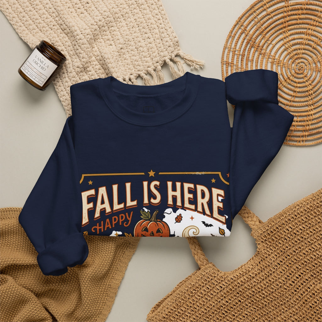 Fall Is Here Cat & Pumpkin Crewneck Sweatshirt