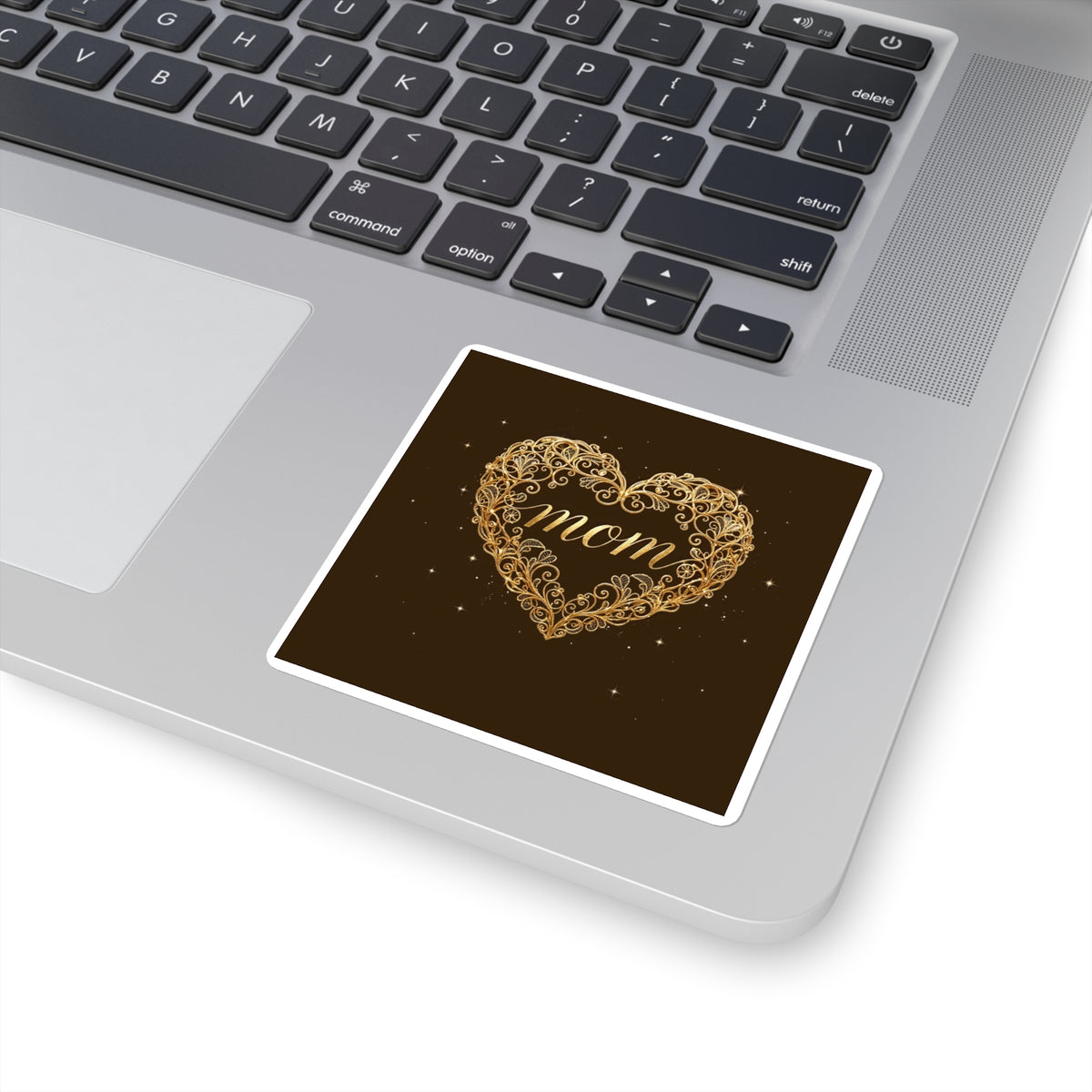 Golden Heart — Mom Square Sticker, Elegant Gold Filigree Design