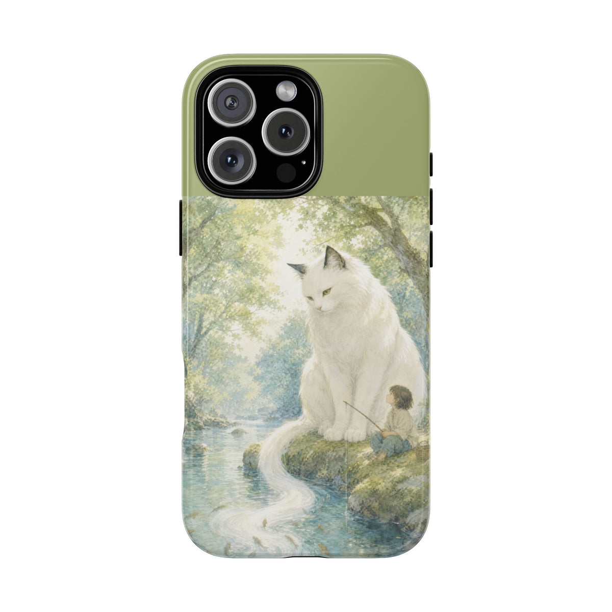 By the Stream, She Watches — Guardian Cat & Child iPhone Case