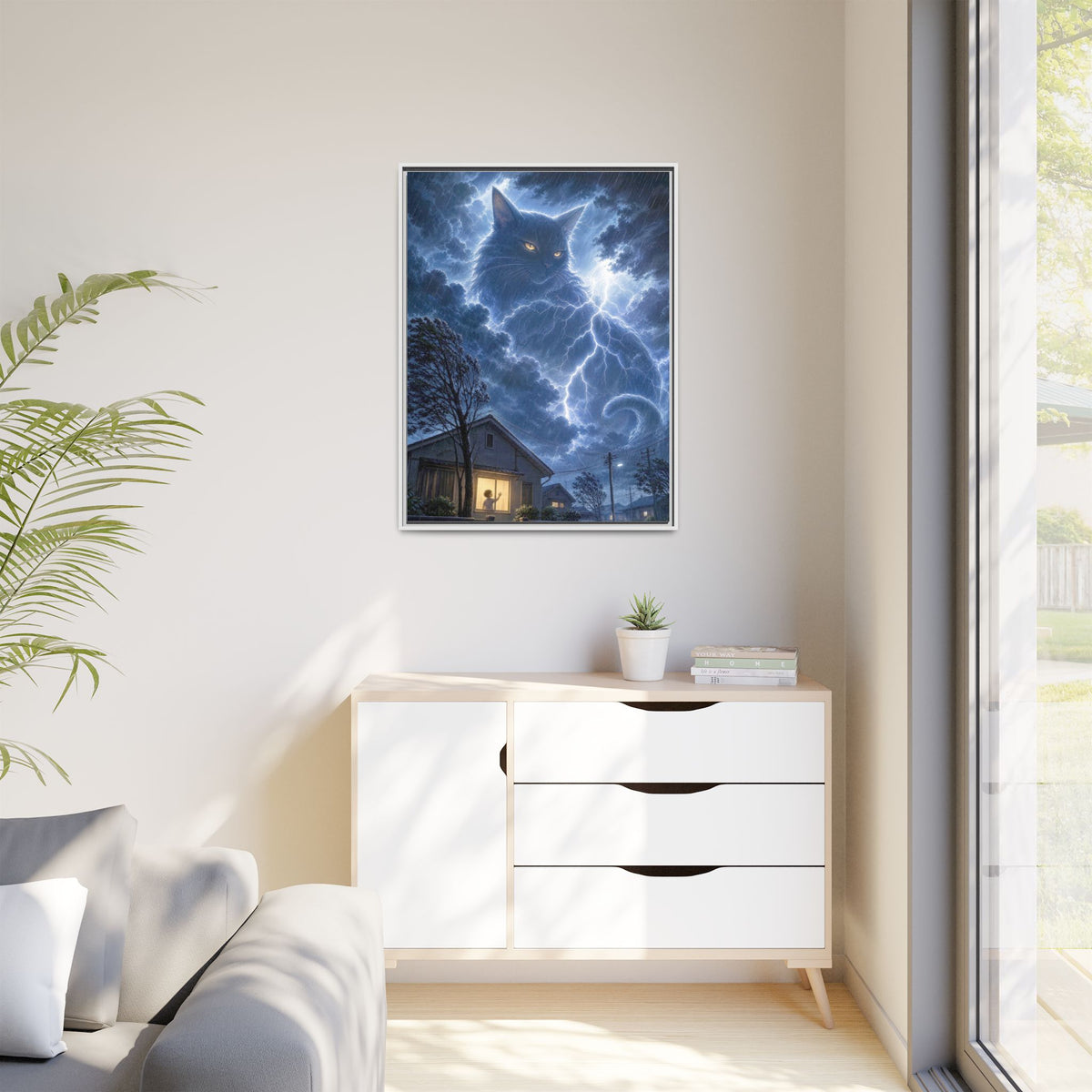 Never Fear the Storm — Lightning Cat Framed Matte Canvas