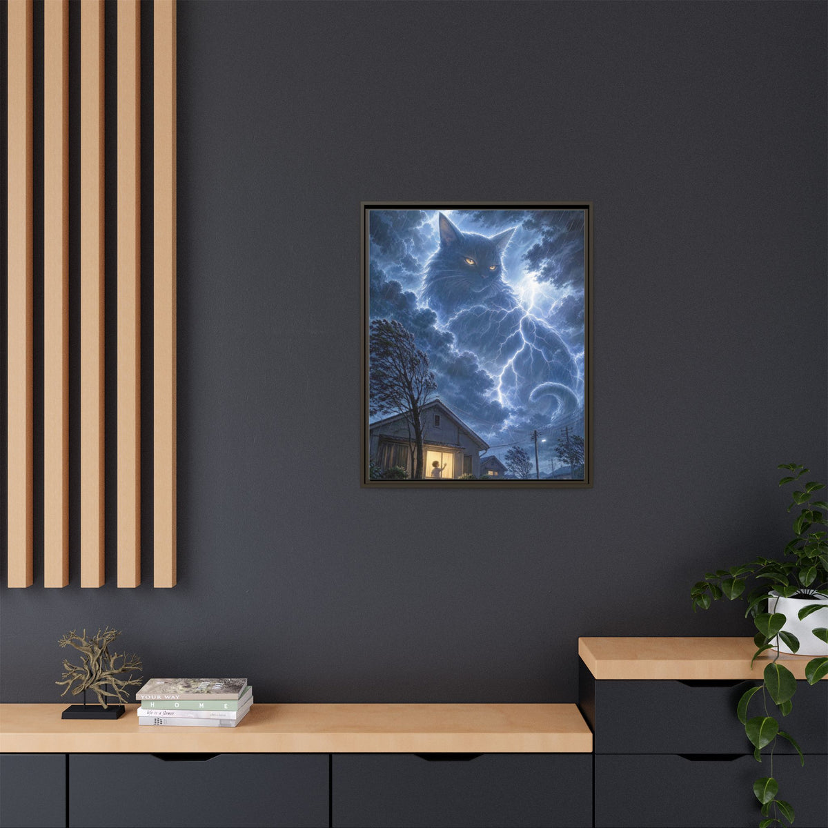 Never Fear the Storm — Lightning Cat Framed Matte Canvas