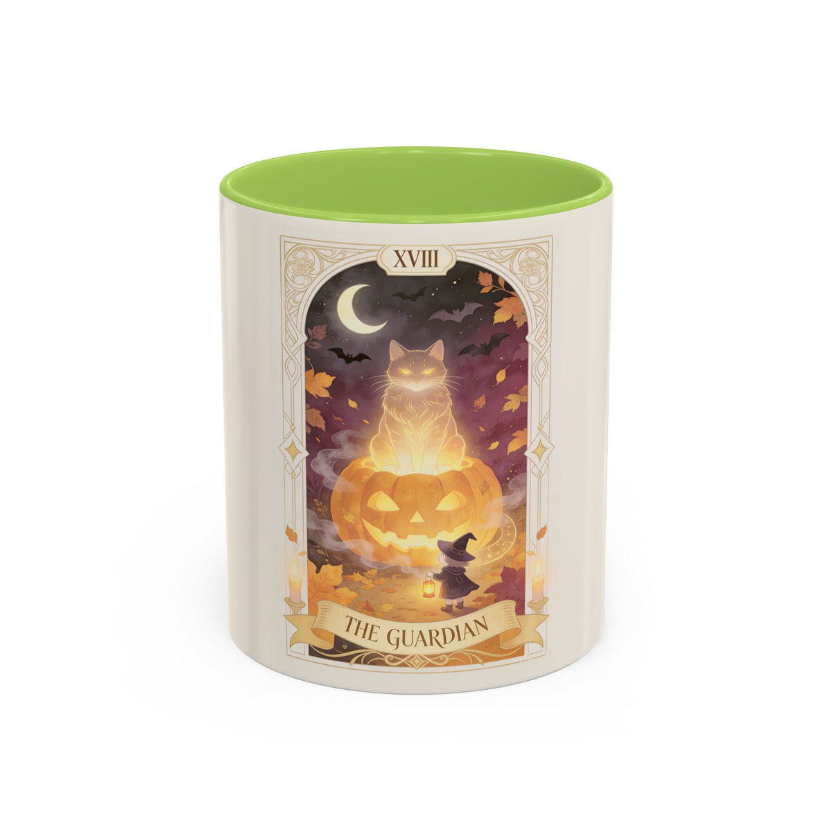 Card XVIII Draws Close — Guardian Tarot Cat & Pumpkin Accent Mug, 11 or 15 oz
