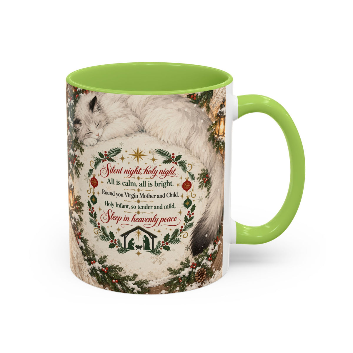 Silent Night Carol — Christmas Cat Accent Mug (11oz / 15oz)