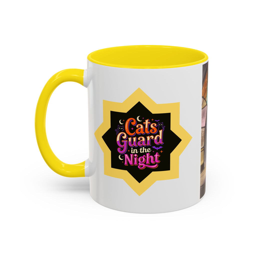 Glasslight Watch — Stained Glass Guardian Cat Accent Mug, 11 or 15 oz