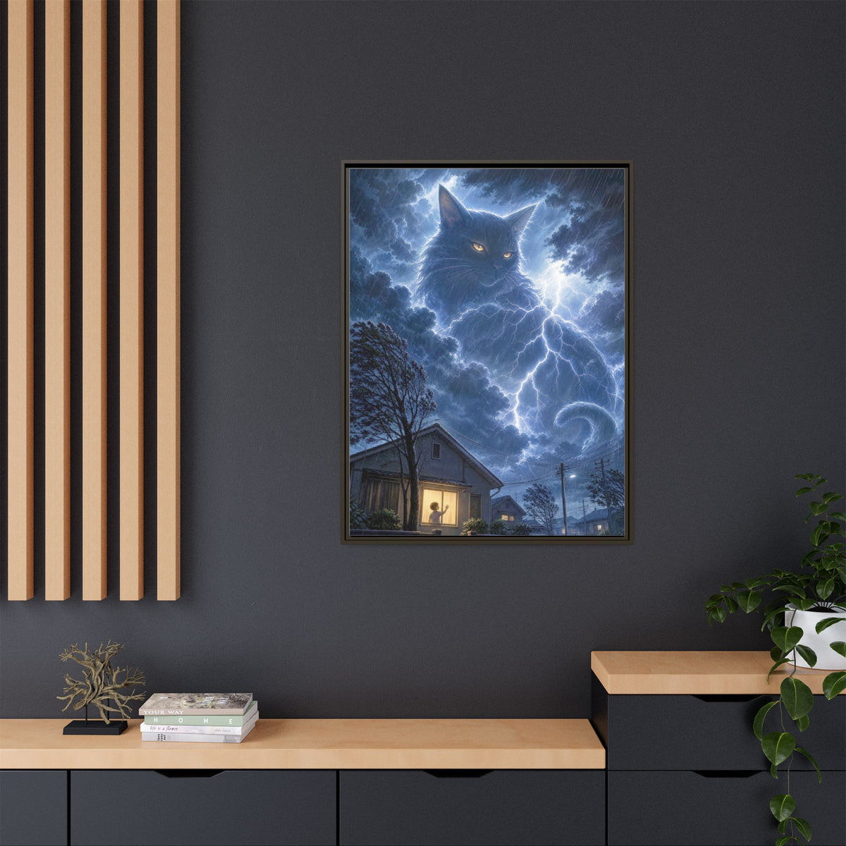 Never Fear the Storm — Lightning Cat Framed Matte Canvas