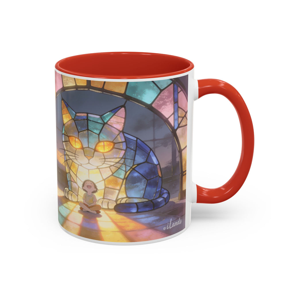 Glasslight Watch — Stained Glass Guardian Cat Accent Mug, 11 or 15 oz
