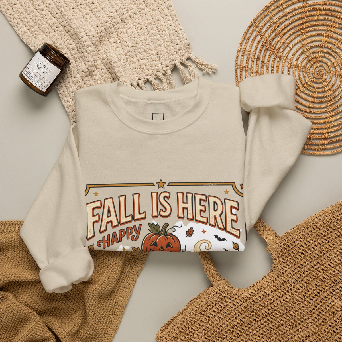 Fall Is Here Cat & Pumpkin Crewneck Sweatshirt