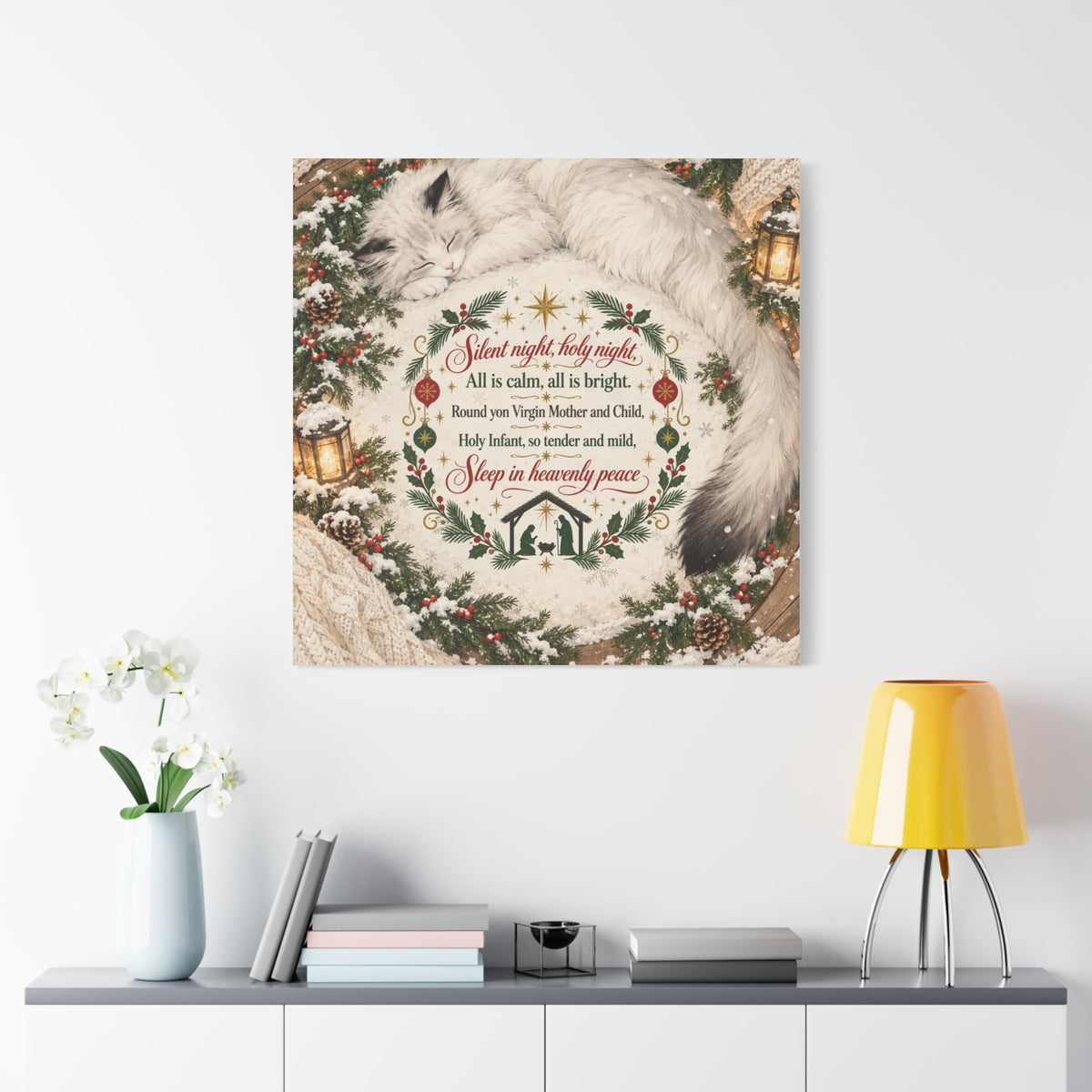 Silent Night Carol — Christmas Cat Nativity Canvas Wall Art
