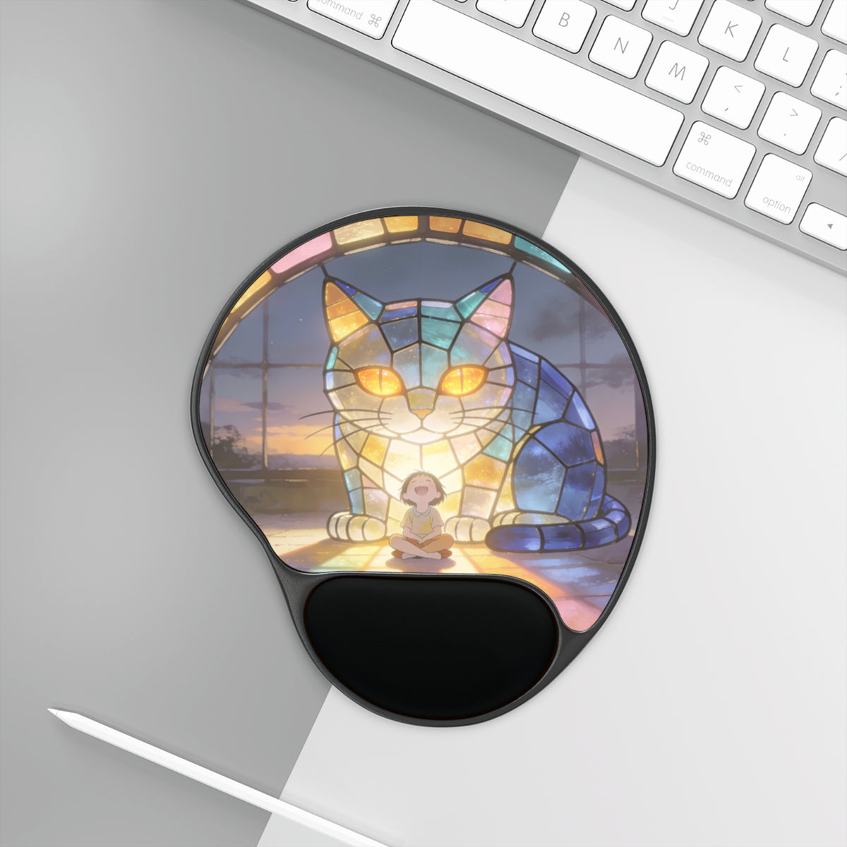 Glasswork Guardian — Stained Glass Cat Desk Pad with Wrist Rest