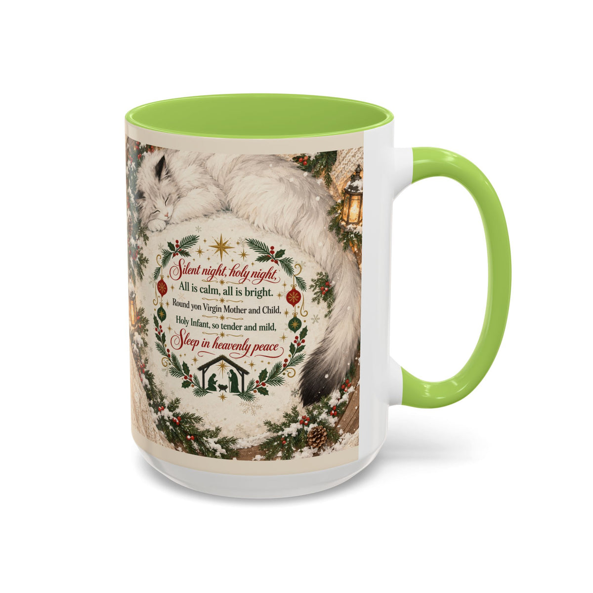 Silent Night Carol — Christmas Cat Accent Mug (11oz / 15oz)