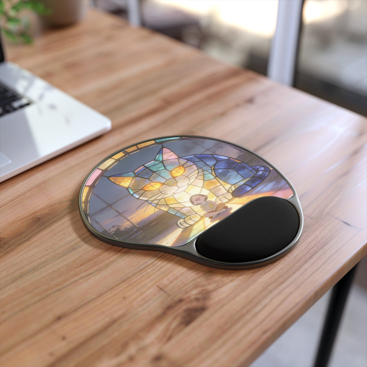 Glasswork Guardian — Stained Glass Cat Desk Pad with Wrist Rest