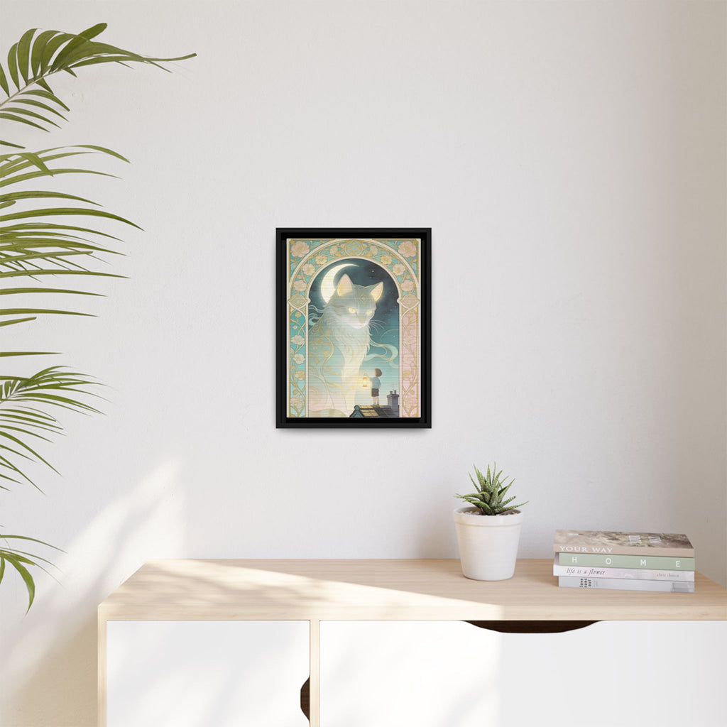 The Lantern Cat & Rooftop Boy - Framed Canvas Print