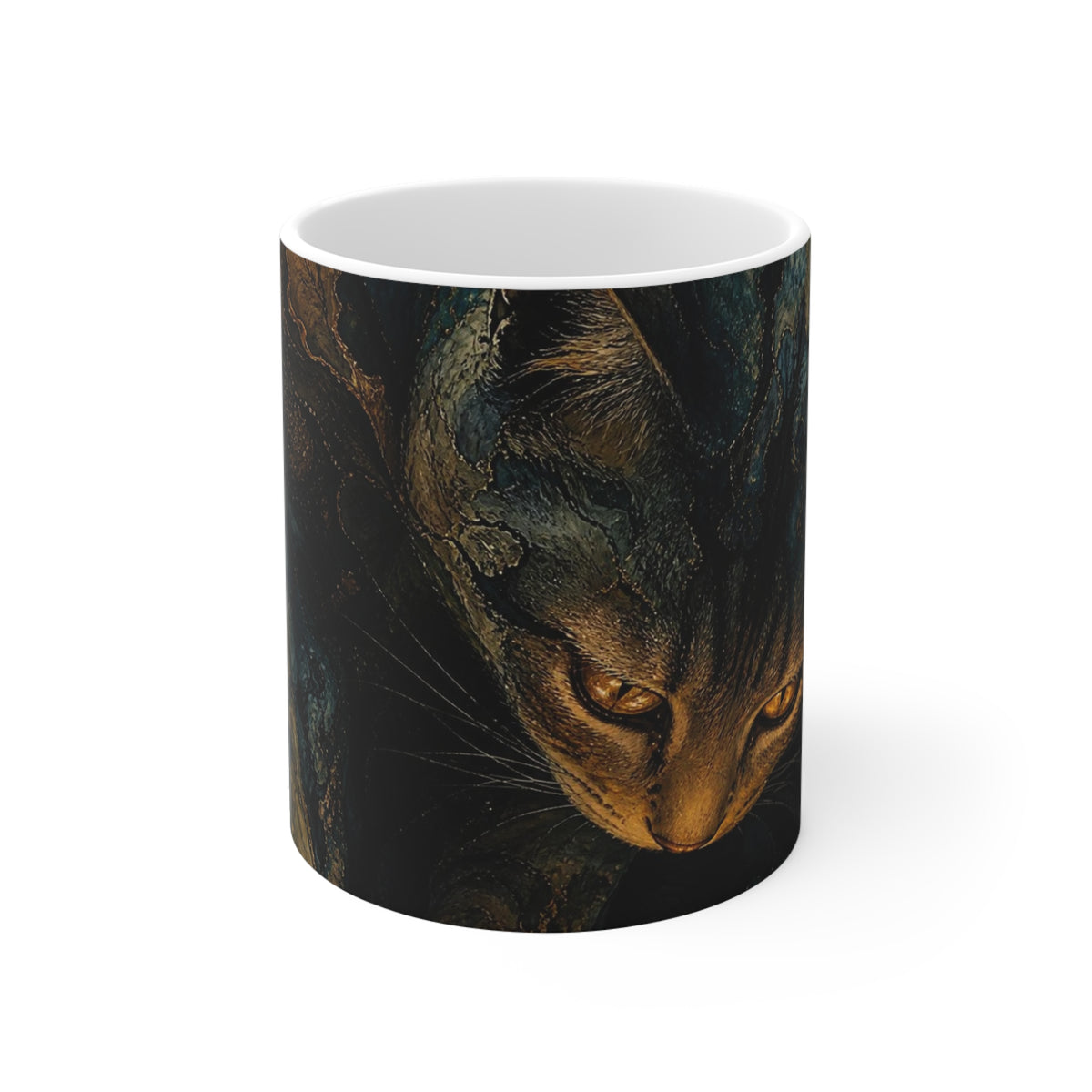The Ink Guardian — Brushstroke Cat Ceramic Mug, 11 oz