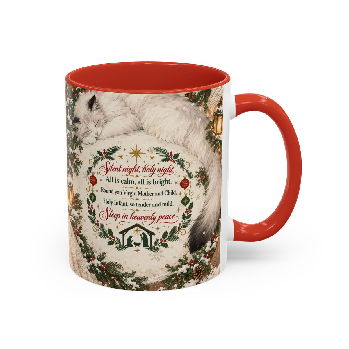 Silent Night Carol — Christmas Cat Accent Mug (11oz / 15oz)
