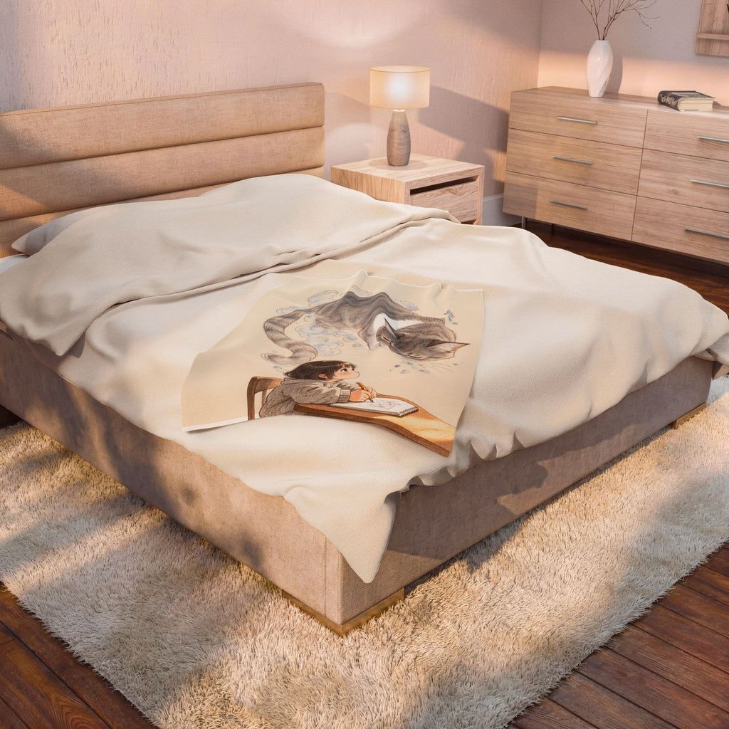 Guarded Dreams — Child & Cat Velveteen Plush Throw Blanket