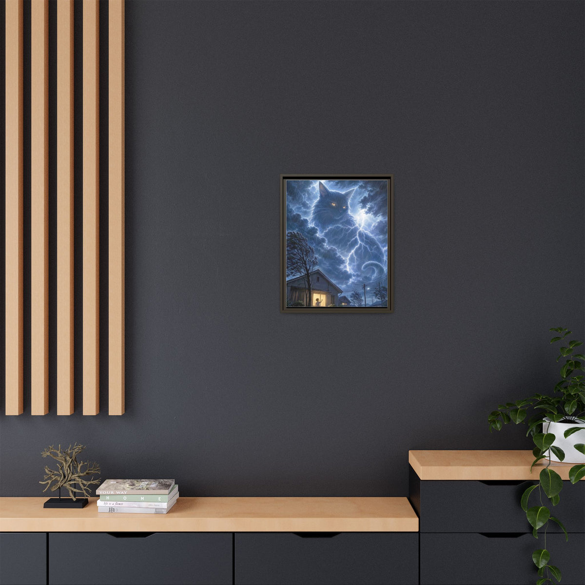 Never Fear the Storm — Lightning Cat Framed Matte Canvas