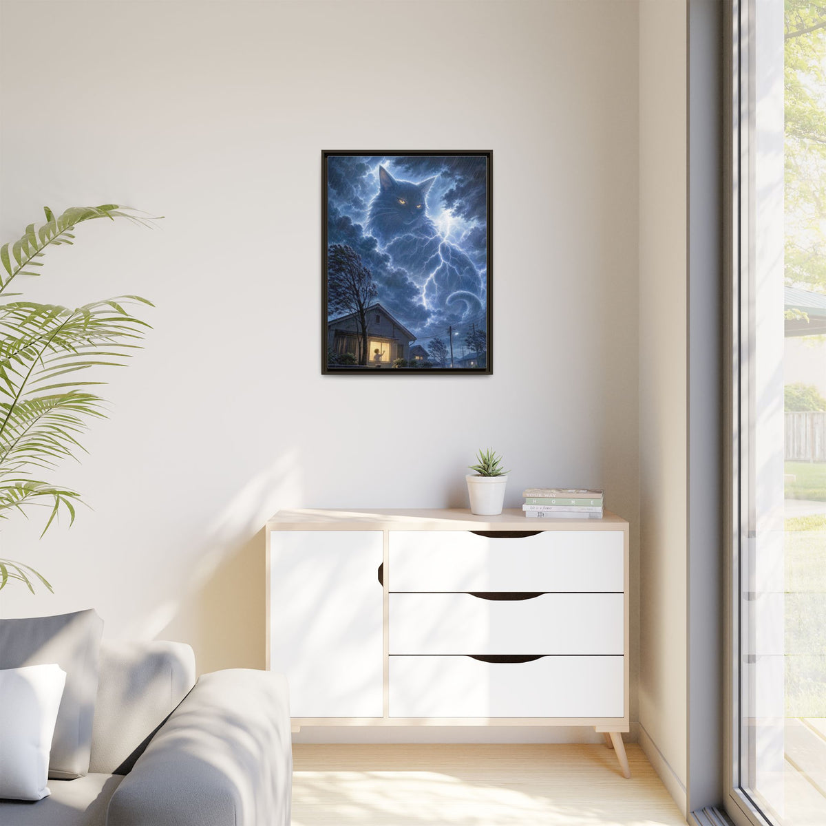 Never Fear the Storm — Lightning Cat Framed Matte Canvas