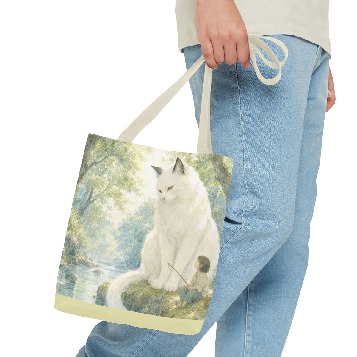 By the Stream, She Watches — Guardian Cat & Child Tote Bag