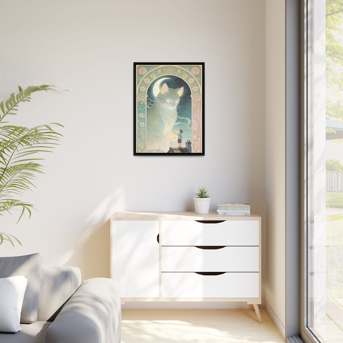 The Lantern Cat & Rooftop Boy - Framed Canvas Print