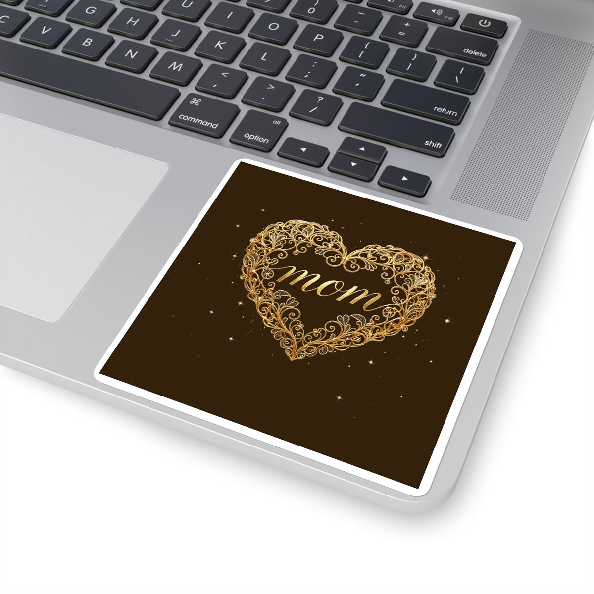 Golden Heart — Mom Square Sticker, Elegant Gold Filigree Design