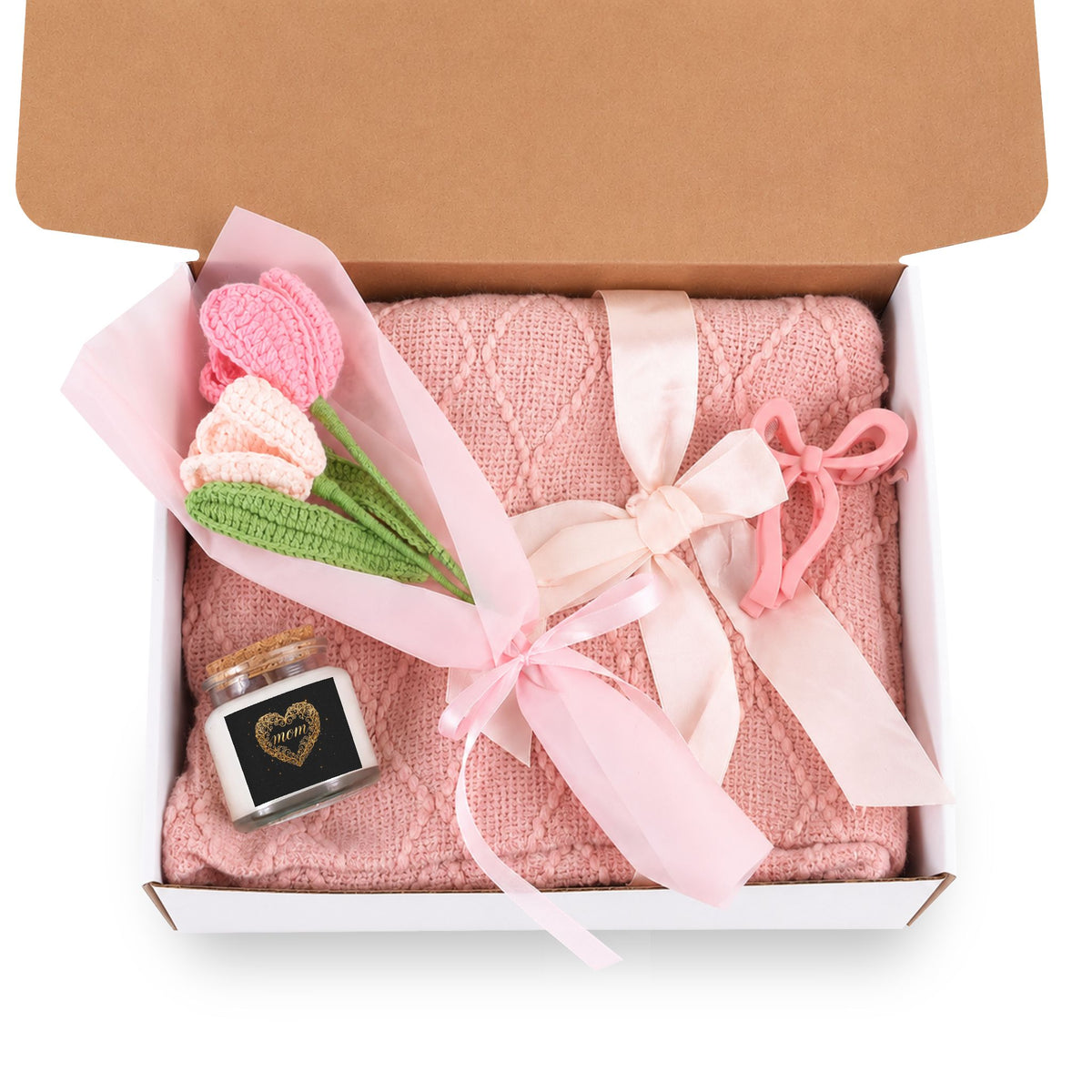 Wrapped in Warmth — Blush Mom Gift Set: Candle, Blanket & Bouquet