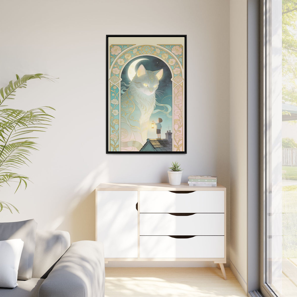 The Lantern Cat & Rooftop Boy - Framed Canvas Print