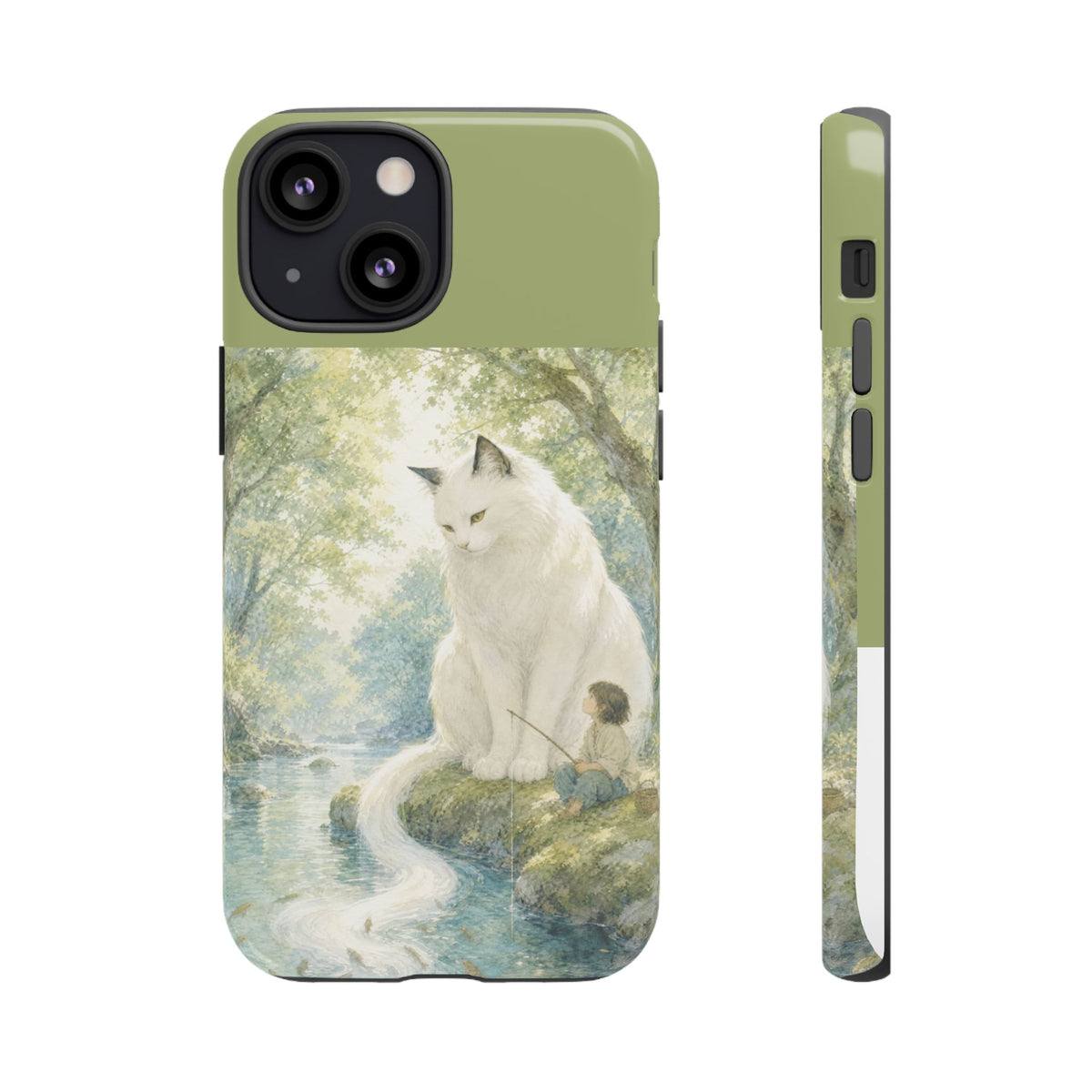 By the Stream, She Watches — Guardian Cat & Child iPhone Case