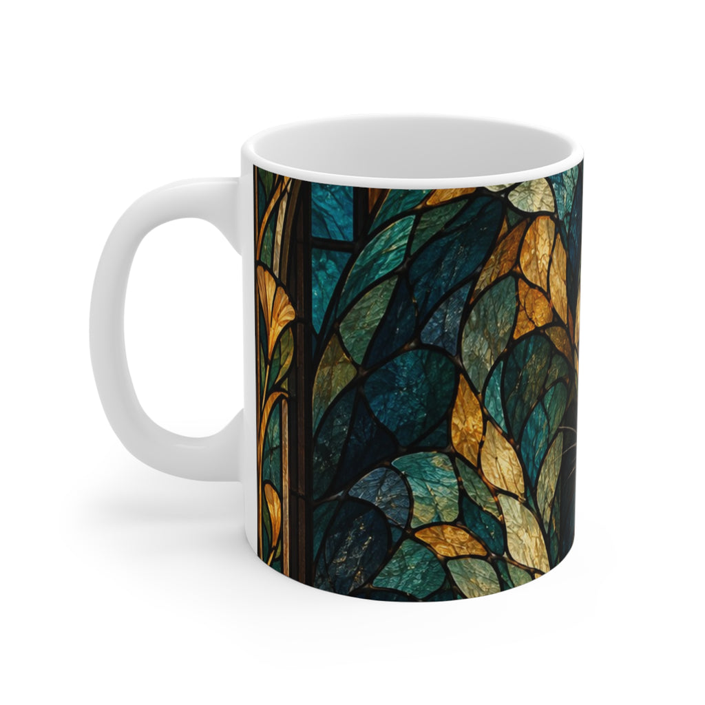 Glasslight Watch — Stained Glass Guardian Cat Ceramic Mug, 11 oz
